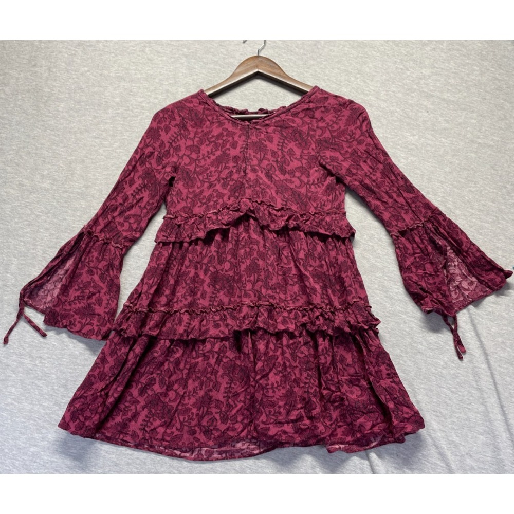 American Eagle Outfitters Tiered Mini Dress Womens 2XS Pink Floral Bell Sleeves